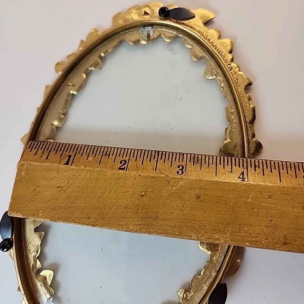 VINTAGE BURNES OF BOSTON ENAMEL & CRYSTAL FLORAL GOLD TONE OVAL FRAME HOLDS 4x6 - Picture 7 of 10